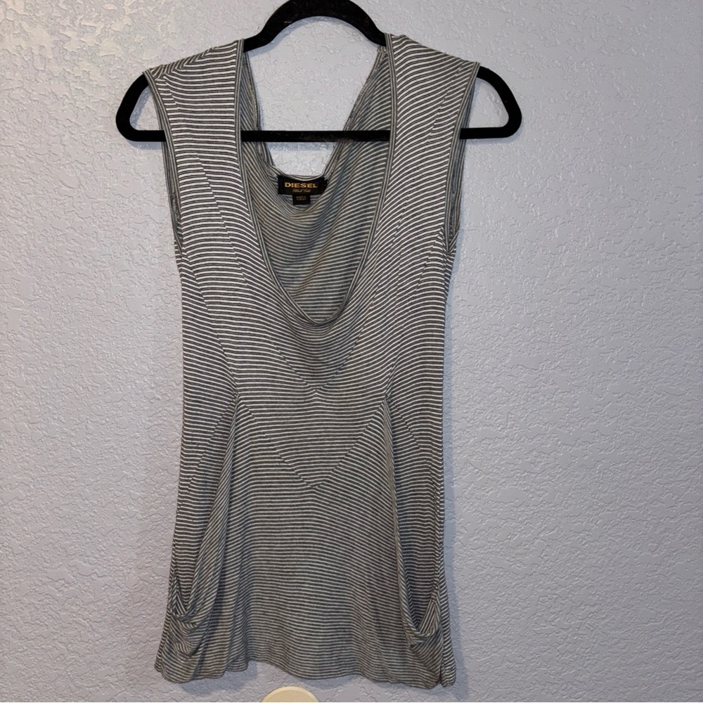 Diesel Black Label Striped Sleeveless Shirt Blouse Oversized Kangaroo Front XS
